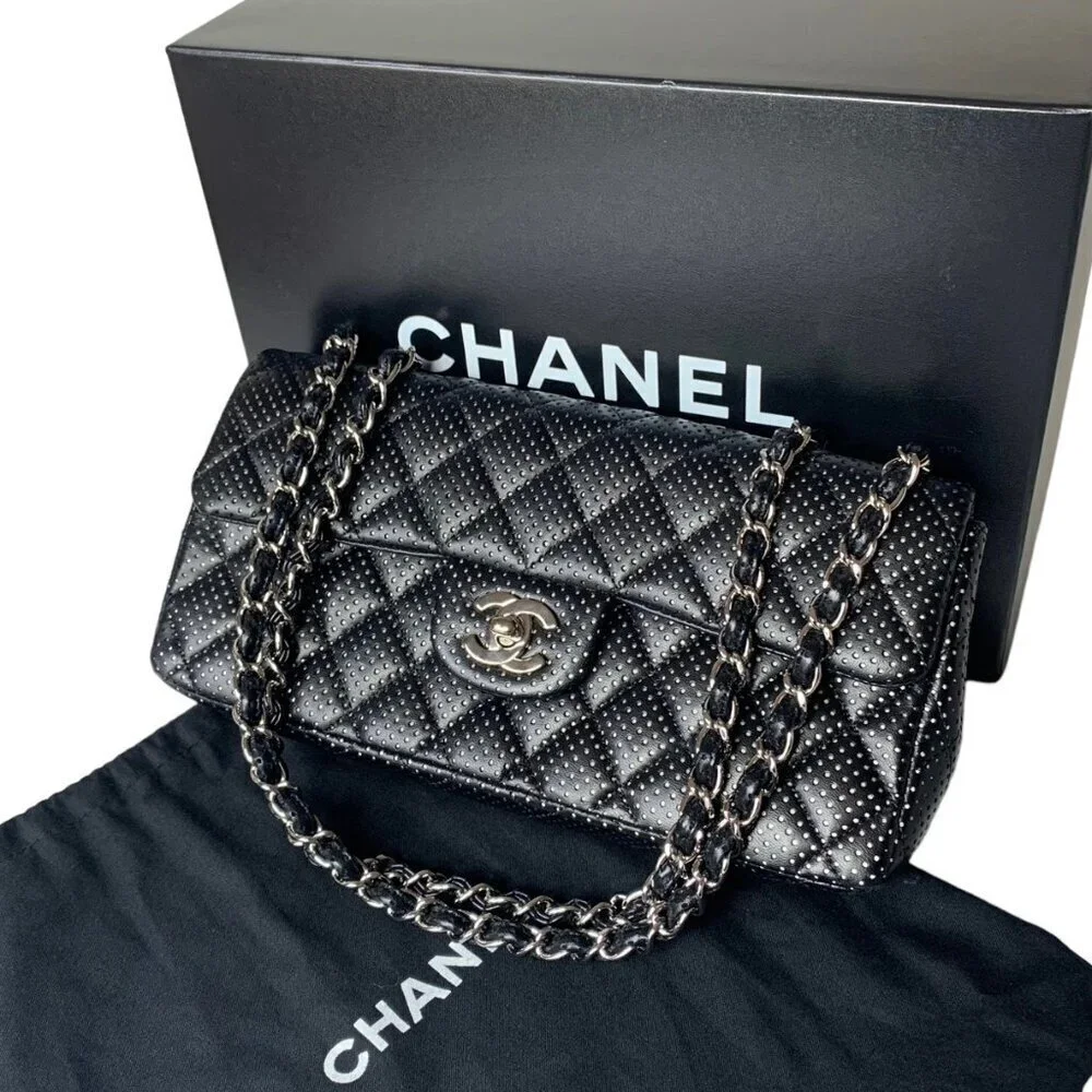 Chanel East West Classic Shoulder Flap Bag Quilted Black Perforated Leather